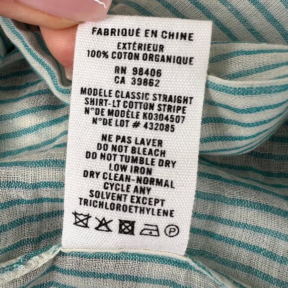 THEORY Green White Straight Shirt Organic Cotton Stripe Button-Up Long Sleeve S - Picture 11 of 11